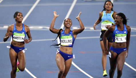 Gold medal winner United States' Brianna Rollins, center, silver medal winner United States' Nia Ali, right, and bronze medal winner United States' Kristi Castlin celebrate after the women's 100-meter hurdles final during the athletics competitions of the 2016 Summer Olympics at the Olympic stadium in Rio de Janeiro, Brazil, Wednesday, Aug. 17, 2016. (AP Photo/Martin Meissner)