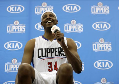 Los Angeles Clippers' Paul Pierce laughs while talking to reporters during the team's NBA basketball media day, Monday, Sept. 26, 2016, in Playa Vista, Calif. (AP Photo/Ryan Kang)