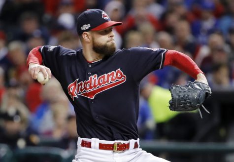 Cleveland Indians starting pitcher Corey Kluber throws against the Toronto Blue Jays during the second inning in Game 1 of baseball's American League Championship Series in Cleveland, Friday, Oct. 14, 2016. (AP Photo/Gene J. Puskar)