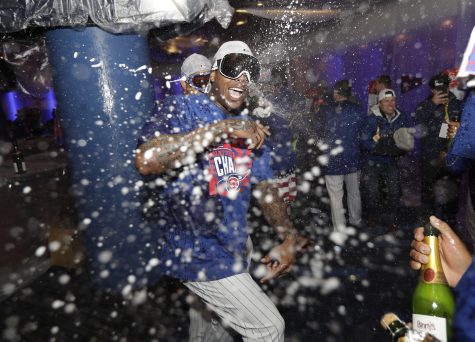 Chicago Cubs relief pitcher Aroldis Chapman celebrates after Game 6 of the National League baseball championship series against the Los Angeles Dodgers, Saturday, Oct. 22, 2016, in Chicago. The Cubs won 5-0 to win the series and advance to the World Series against the Cleveland Indians. (AP Photo/David J. Phillip)
