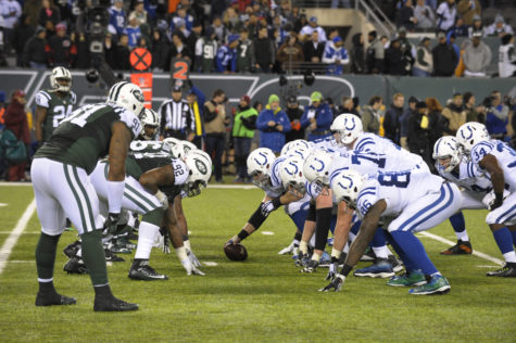 The New York Jets defense, left, lines up against the Indianapolis Colts offense during the second half of an NFL football game, Monday, Dec. 5, 2016, in East Rutherford, N.J. The Colts won 41-10. (AP Photo/Bill Kostroun)
