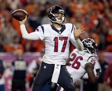 Houston Texans quarterback Brock Osweiler (17) throws against the Denver Broncos during the second half of an NFL football game, Monday, Oct. 24, 2016, in Denver. The Broncos won 27-9. (AP Photo/Joe Mahoney)