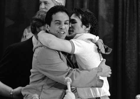 FILE - In this Nov. 14, 1984 file photo, WBA lightweight champ Ray Mancini, right, gives challenger Bobby Chacon a hug after defeating him in a title fight at Reno, Nev. Chacon, a Hall of Fame boxer, died Wednesday, Sept. 7, 2016, under hospice care for dementia in Lake Elsinore, Calif. He was 64. (AP Photo/File)
