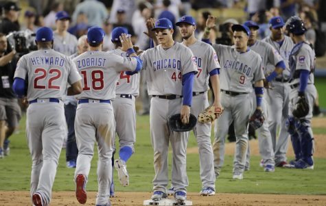 FILE - In this Wednesday, Oct. 19, 2016 file photo, the Chicago Cubs celebrate after Game 4 of the National League baseball championship series against the Los Angeles Dodgers in Los Angeles. The Cubs won 10-2 to tie the series 2-2. The Chicago Cubs are trying to do something that hasn't happened in the lifetime of anyone born in the last 108 years: Win a World Series. (AP Photo/Jae C. Hong, File)