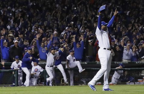 Chicago Cubs relief pitcher Aroldis Chapman (54) celebrates after Game 6 of the National League baseball championship series against the Los Angeles Dodgers, Saturday, Oct. 22, 2016, in Chicago. The Cubs won 5-0 to win the series and advance to the World Series against the Cleveland Indians. (AP Photo/David J. Phillip)