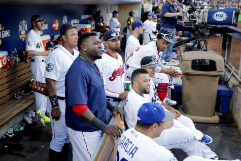 American League's David Ortiz, of the Boston Red Sox, in warm up shirt, watches from the bench the MLB baseball All-Star Game, Tuesday, July 12, 2016, in San Diego. (AP Photo/Lenny Ignelzi)