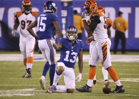 New York Giants wide receiver Odell Beckham (13) reacts after a reception against the Cincinnati Bengals during the second quarter of an NFL football game, Monday, Nov. 14, 2016, in East Rutherford, N.J. (AP Photo/Seth Wenig)