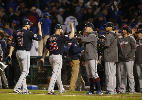 Cleveland Indians players celebrate after Game 4 of the Major League Baseball World Series against the Chicago Cubs, Saturday, Oct. 29, 2016, in Chicago. The Indians won 7-2 to take a 3-1 lead in the series. (AP Photo/Nam Y. Huh)