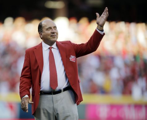FILE - In this July 14, 2015 file photo, Johnny Bench is introduced as one of the Cincinnati Reds Franchise Four before the MLB All-Star baseball game, in Cincinnati. Major League Baseball Hall of Famer Bench has launched a new cellphone app aimed at combatting bullying in schools nationwide. The Cincinnati Reds catcher officially launched his "Smithfield School App" on Thursday, Nov. 17, 2016, at the Montgomery Inn Boathouse in downtown Cincinnati.  (AP Photo/Jeff Roberson, File)