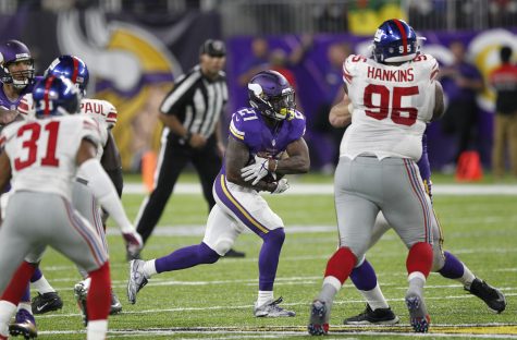 Minnesota Vikings running back Jerick McKinnon (21) runs up field during the second half of an NFL football game against the New York Giants Monday, Oct. 3, 2016, in Minneapolis. (AP Photo/Andy Clayton-King)