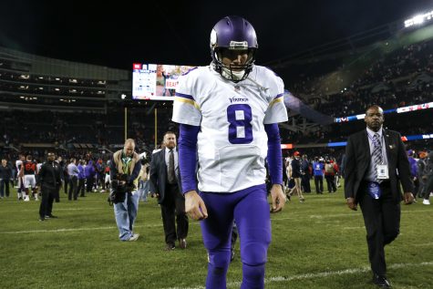 Minnesota Vikings quarterback Sam Bradford (8) walks off the field after losing 20-10 against the Chicago Bears in an NFL football game in Chicago, Monday, Oct. 31, 2016. (AP Photo/Nam Y. Huh)