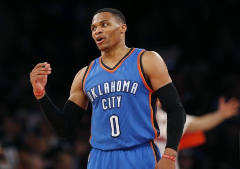 Oklahoma City Thunder guard Russell Westbrook (0) talks to a referee in the second half of an NBA basketball game against the New York Knicks in New York, Monday, Nov. 28, 2016. The Thunder defeated the Knicks 112-103. (AP Photo/Kathy Willens)