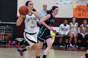 Cape Tech senior Acaysia Rose (4) scored two points in last night's 44-32 loss to Sturgis East. Sean Walsh/Capecod.com sports