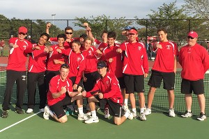 The Barnstable High boys' tennis team celebrated its 5-0 victory over the tough BC High Eagles Friday afternoon. Photo courtesy of Steve Francis