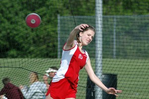 Barnstable High junior Linn Krokedal sends the discus flying in Tuesday's Falmouth-Barnstable track and field finale at W. Leo Shields Memorial Field. Sean Walsh/Capecod.com Sports