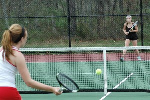 Barnstable High's Katie Tynan returns the volley to Nauset's Nika Dadoly in girls' tennis action Monday afternoon in Hyannis. Sean Walsh/Capecod.com Sports Photos