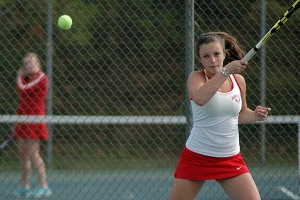 Barnstable's Taya Berler unleashes a vicious return against Sandwich Wednesday. Sean Walsh/Capecod.com Sports