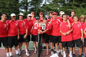One more to go: The Barnstable High boys' tennis team downed Acton-Boxborough, 4-1, yesterday and will vie for the state title today against Westboro. Photo courtesy of Betsy Brodd