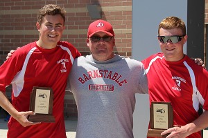 Barnstable High's Cooper Blaze and Donnie Brodd pose with head coach Mike Sarney after being crowned MIAA South Sectional Champions Sunday. Photo courtesy Betsy Brodd