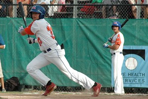 Hyannis Harbor Hawks third baseman Blake Tiberi (Louisville) rips a single in the second inning of Saturday night's 53rd Friendly's Cape League All-Star Game at Spillane Field in Wareham with Brewster's Cassidy Brown behind the plate. Sean Walsh/Capecod.com Sports