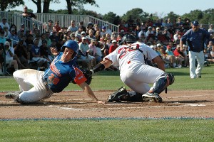 Jacksonville's Austin Hays is tagged out at home in the first inning by Y-D catcher Chris Hudgins (Cal State Fullerton). Sean Walsh/Capecod.com Sports