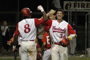 Arizona's Bobby Dalbec has plenty to smile about after belting his second three-run homer of the night as he gets his props from Mercer's Kyle Lewis. Sean Walsh.Capecod.com Sports