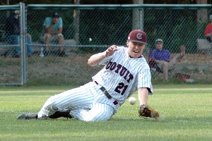 Cotuit Kettleer left-fielder Brett Stephens lays out for a foul ball but can't get to it in last night's 7-2 loss to the Chatham Anglers. Sean Walsh/Capecod.com Sports