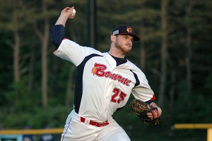 Bourne Braves reliever Bryan Baker allowed no runs in two innings of work and struck out one as the Braves defeated Wareham, 7-1,  last night at Doran Park. Sean Walsh/Capecod.com Sports