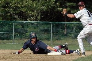 Georgia Tech's Connor Justus slides in safely at Lowell Park in the nightcap of the Harwich-Cotuit twinbill. Sean Walsh/Capecod.com Sports