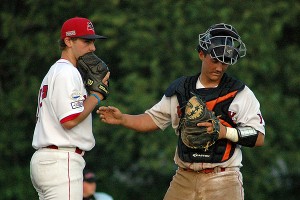 Cincinnati southpaw Dalton Lehnen with Y-D Red Sox catcher Chris Hudgins (Cal State Fullerton) Sean Walsh/Capecod.com Sports