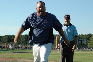 Hyannis Harbor Hawks manager Chad Gassman is not too pleased with being thrown out of the game Monday afternoon. Sean Walsh/Capecod.com Sports