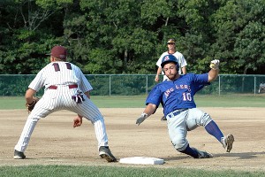 Zach Mondou slides in safely past Cotuit third baseman Brody Weiss with a triple.
