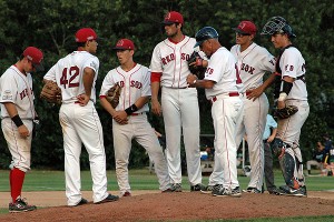 The Y-D Red Sox convene on the mound at Red Wilson Field Tuesday night as they await for reliever Dalton Lehnen to arrive to shut the door on the Whitecaps. Sean Walsh/Capecod.com Sports