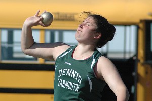 Dennis-Yarmouth sophomore Chloe Eressy broke her own school record in the shotput Tuesday in the Dolphins' 84-52 win over the host Falmouth Clippers in track & field action. Sean Walsh/Capecod.com Sports photos