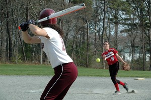 Barnstable High's Rachel Creswell delivers the pitch to Falmouth's Olivia Rowell in the Red Raiders' 12-0 victory Tuesday afternoon at Falmouth High. Sean Walsh/Capecod.com Sports Photos