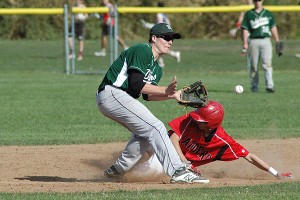Dennis-Yarmouth shortstop Mike Knell awaits the throw on JR DiSarcina's steal of second base in Monday's 13-7 Red Raider win. Sean Walsh/Capecod.com Sports