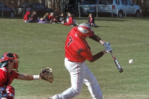 Barnstable High's Eric Holzman connects for a basehit in Monday's 4-3 loss to New Bedford. Sean Walsh/Capecod.com Sports Photos