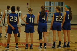 Falmouth Academy's "Fearsome Five," comprised of Kendall Currence (23) Jane Earley (11), Christie Brake (4), Charlotte Van Voorhis (22) and Eliza Van Voorhis (12) paced the Mariners to a 53-41 win last night at Sacred Heart. Sean Walsh/Capecod.com Sports