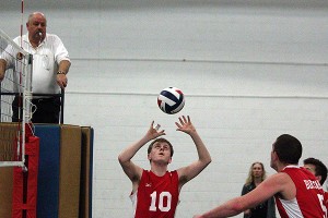 Barnstable High senior co-captain Harrison West-Mather sets up Donnie Mach for the kill, but North Quincy prevailed Monday, 3-1. Phil Garceau Photo for Capecod.com Sports