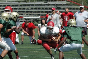 Barnstable High School's Keaton Bergal looks for daylight against Bishop Hendricken in a scrimmage Saturday at W. Leo Shields Memorial Field. Sean Walsh/Capecod.com Sports