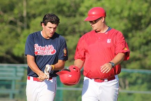 Barnstable Post 206's Jake Gleason turned in a gem on the hill last night against Post 188, seen here with Post 206 coach Dave Murphy. Andrew Nugnes Photo/Capecod.com Sports