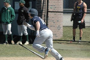 Massachusetts Maritime catcher Logan Sullo takes off for first base after crushing an RBI-triple in the first inning but that was all the Buccaneers could muster on the day versus Fitchburg State. Sean Walsh/Capecod.com Sports