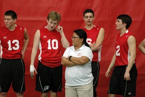 Barnstable High boys' volleyball head coach Marylou Martin has led her Red Raiders to three straight wins, seen here with (from left) Isaac Dulak (13), co-capt. Harrison West-Mather (10), Zico Simao (16) and Vinny Ciliberto (2). Sean Walsh/Capecod.com Sports Photos