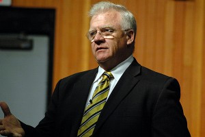 New Nauset Regional High School head football coach Mike Sherman, former Green Bay Packers and Texas A&M head coach, talks to his Warrior players for the first time Wednesday afternoon. Sean Walsh/Capecod.com Sports