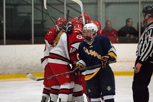 Barnstable's sole moment of celebration came at the 7:30 mark of the 2nd period when Morgan Richard tied it at 1-1. Things went south after that for the Red Raiders. A-B's Megan Barrett is in the foreground. Sean Walsh/Capecod.com Sports