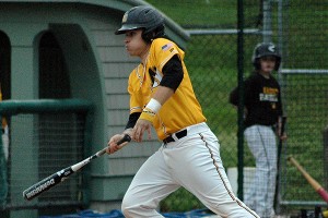 Nauset's Colin Ridley takes off for first base after lacing one into the outfield for his first of two hits on the day in the Warriors' 7-4 comeback win over Barnstable. Sean Walsh/Capecod.com Sports Photos