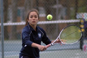 Sandwich High's number one tennis player Grace Tanguilig fell to Falmouth's Julia Moskal, but the Lady Knights prevailed, 3-2, in a gutsy Atlantic Coast League tennis tilt in East Sandwich Wednesday. Sean Walsh/Capecod.com Sports