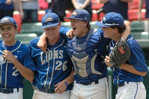 Coleman Fenton is all smiles with his pitcher Kevin Marsh after winning the Division 4 South Sectional Championship at Campanelli Stadium in Brockton Saturday. The Lions will try to advance to the state title game tomorrow against Georgetown. Sean Walsh/Capecod.com Sports