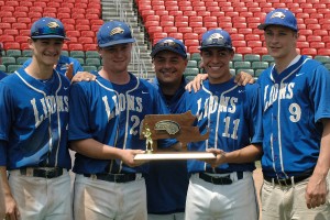 St. John Paul II head coach Mark Santos with his seniors and the sectional title trophy. Sean Walsh/Capecod.com Sports