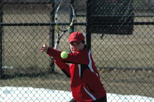 Barnstable High senior co-captain Sonny Bisazza played relentlessly yesterday at number one singles as the Red Raiders downed the visiting Sandwich Blue Knights, 5-0. Sean Walsh/Capecod.com Sports